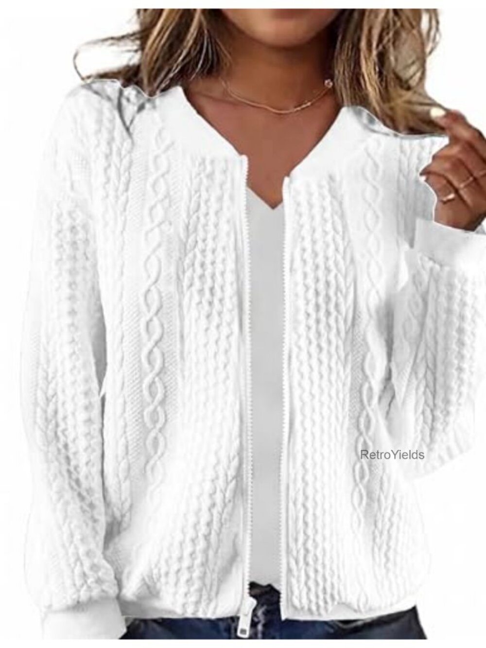 Zip Up Cardigan Sweater Long Sleeve Crewneck Open Front Knit Jacket for Women